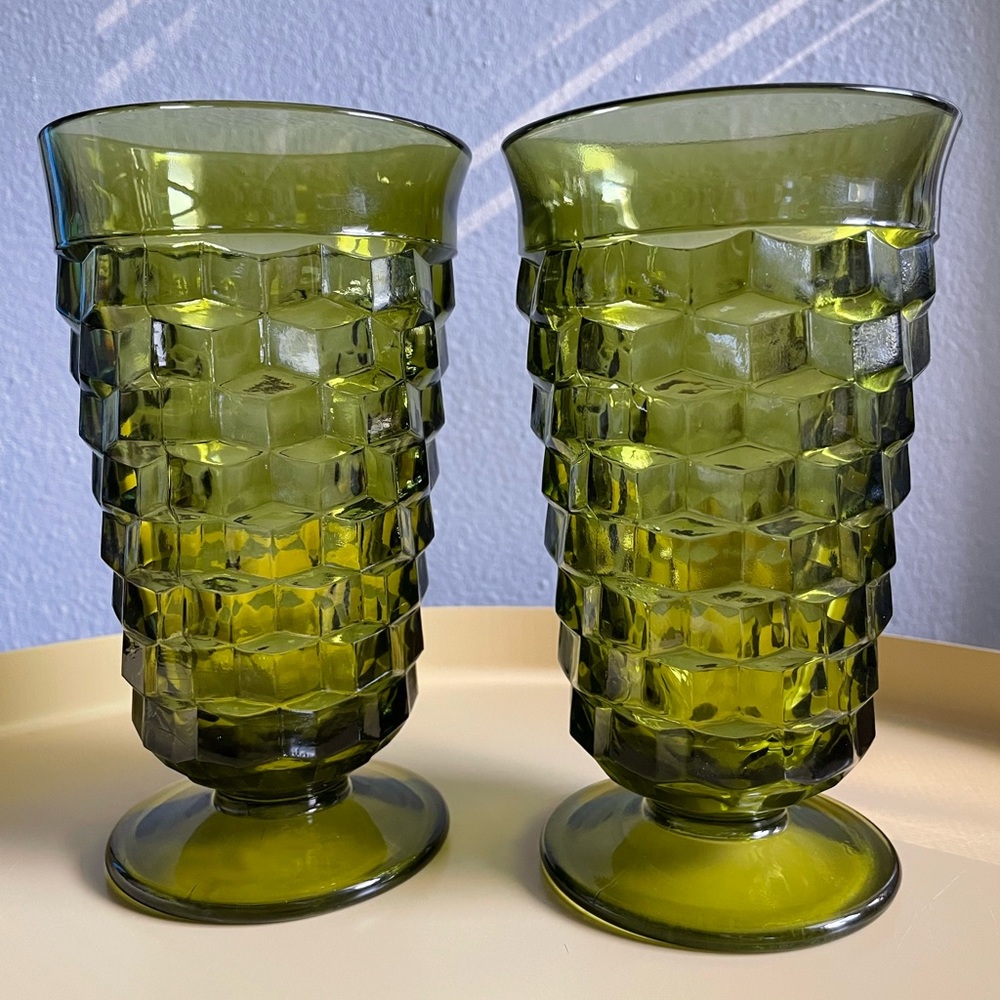 Colony Whitehall Green Avocado Iced Tea Water Vintage Cubist Glass Pair